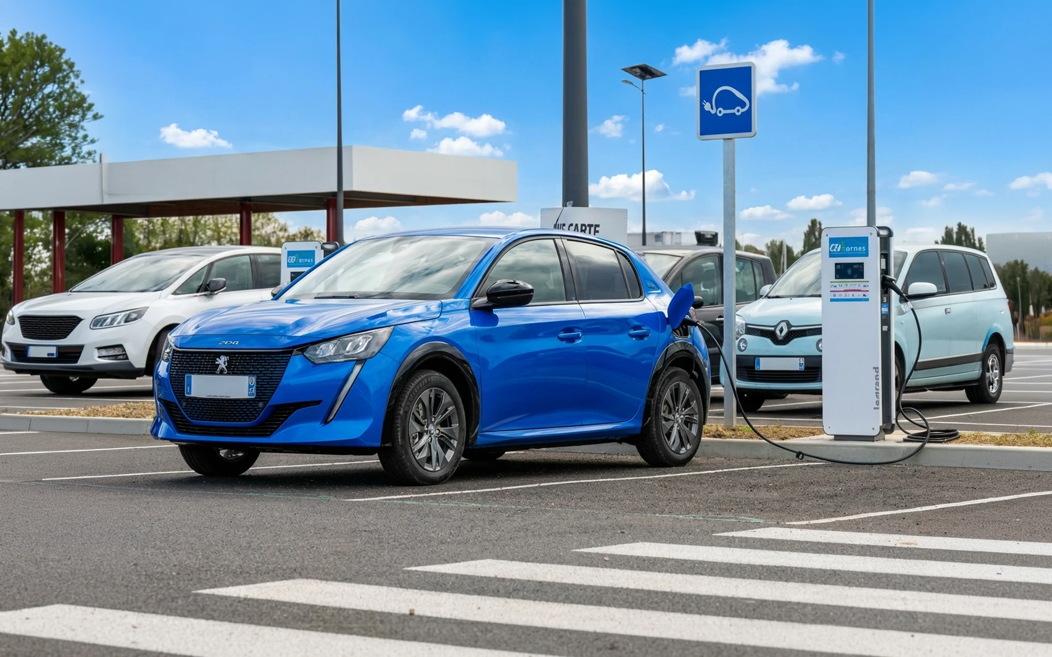 Scène intérieure d'un garage moderne avec voiture électrique blanche connectée à une borne de recharge